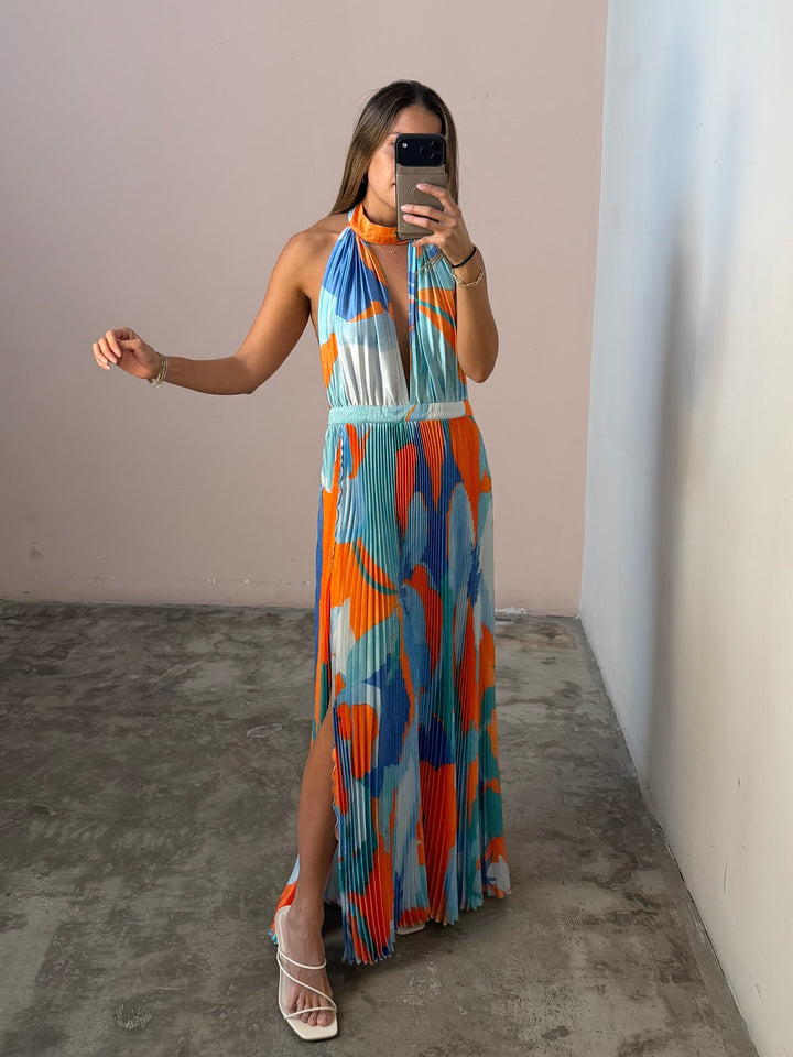 Chateau Split Gown Capri Print Orange